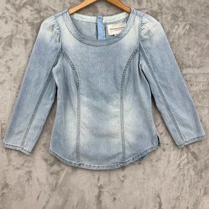 Pilcro Anthropologie Denim Puff Sleeve Back Zip Jean Long Sleeve Top